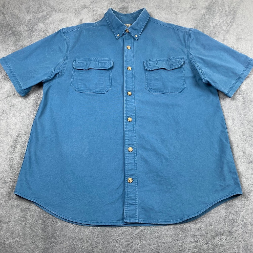 Duluth Men XL Button Down Blue Short Sleeve Work Shirt Heavy Duty Cotton Canvas